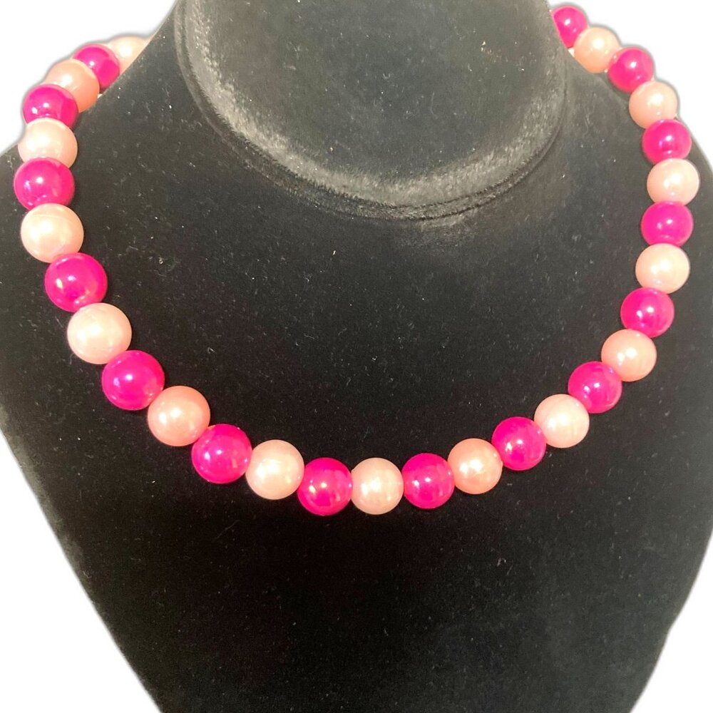 BARBIE Core Pink Bubblegum Beads Stretchy Statement Choker Necklace 15" Long